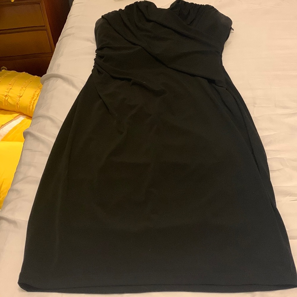 David Meister strapless black cocktail dress with design on back.